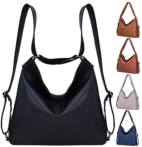 Bestash Damen Rucksack Leder,Handtasche Rucksack Tasche 2 In 1,Einfarbig Elegant Schultertasche für Alltag Arbeit Ausflug Schule Einkaufen Geeignet (Schwarz)