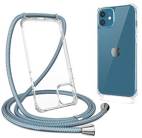 ZTOFERA Crossbody Lanyard Case for iPhone 12 / iPhone 12 Pro (6.1), Ultra Clear Hard Back with Soft Bumper Protective Phone Case with Strap Adjustable Neck Cord Necklace Shockproof Cover, Grey Blue