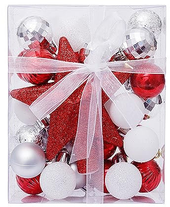 30 Stück Weihnachtsdekorationen Rot Weiß Silber Weihnachtskugeln 3 cm Baumkrone Stern Geschenkbox Set Home Decor Weihnachtsbaum Anhänger