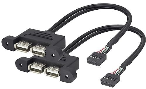 HCFeng 2 Ports USB 2.0 to Dupont 9Pin Multiplier Splitter Adapter Cable USB 2.0A Dual Ports Female Screw Panel Mount to Motherboard 9pin Female Header Cable Black [30CM/1FT/2Pack]