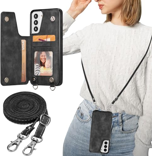 ZTOFERA Handyhülle mit Band Kette für Samsung Galaxy S22, Matt Weiche Rückseite Hülle mit Kartenfach Kordel Schnur Umhängeband, Premium PU Leder + TPU Schutzhülle Lanyard Case, Schwarz