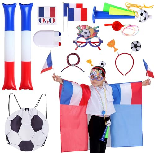 CoolChange Grand paquet de supporter de France pour la Coupe d'Europe 2024 | 11 pièces | Avec cape tricolore, drapeaux, trompe, baguettes de fan, etc. (enfants de France)