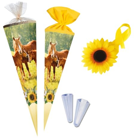 Nestler Schultüten-Set zum Befüllen, Handgemachte Zuckertüte aus Karton - Motiv Fohlenweide, Schultüte, Spitzenschutz, Schleife (70 cm rund)
