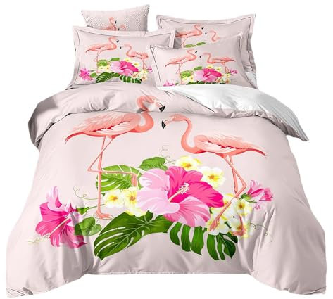 ZZTBQ Rosa Flamingo Bettwäsche-Set 200x200 Teenager Bettwäsche Bettbezug und Kissenbezug-Set Süßes Tier Blumen Flamingo Bettwäsche Erwachsene Jungen und Mädchen