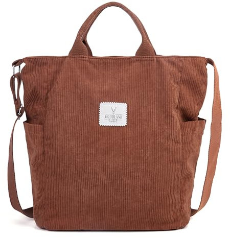 Woodland Corduroy Shoulder And Tote Bags For Women, Handbags For Women Girls Large Capacity Bag With Inner Pocket, Lightweight, Foldable Bag Perfect as Schoolbag, Shopping, Travel (Brown Large)