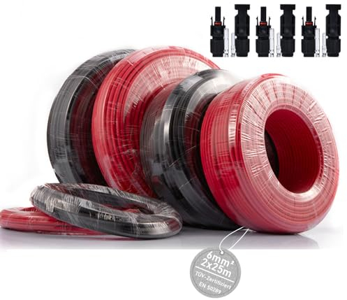 TÜV-Zertifiziert 6mm² 2x25m (Schwarz+Rot) Profi Verlängerungskabel Kupferkabel 9AWG 1800V Solar Kabel Verlängerung Solarleitung beidseitig für Photovoltaik Solaranlage Solarpanel inkl IP67 Stecker