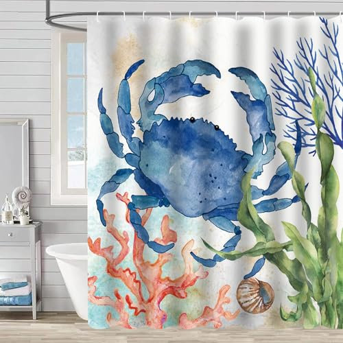 FAIRYGATE Duschvorhang Stoff Waschbar Blau Vorhang Dusche Duschvorhang Textil Weinlese Stoffliches Gewebe Badezimmerdekorationsset mit Haken 180 x 180 cm Türkis Weiß Polyester Stoff B9319
