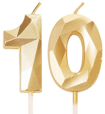 Geburtstagskerzen Zahlen 10 Jahre, 5cm Geburtstag Kerzen, 3D Zahl Gold Kerzen 10. Geburtstag Frauen und Männlich Tortendeko für Geburtstag Party, Hochzeiten, Firmenfeiern, Jubiläen