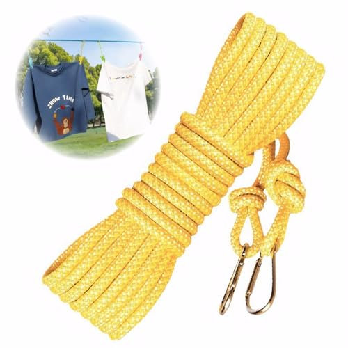 MAEXUS Wäscheleine Extra Stark, 8mm*15m Wäscheleinen, extra Starke Wäscheleine, Nylon Wäscheseil, mit Metallhaken Karabiner, Reißfest und Rostfest Wäscheleine für Draußen Garden Camping.