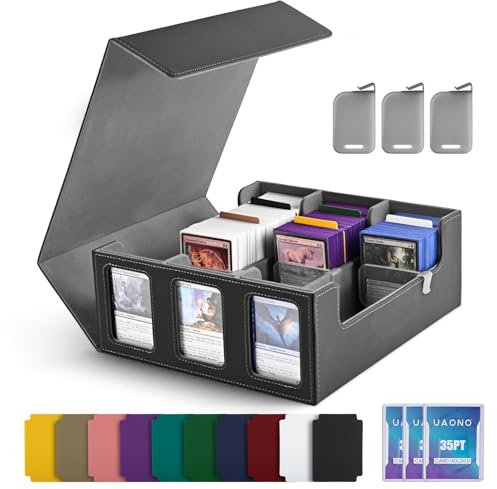 UAONO Trading Card Storage Box für Commander Display, 1800+ MTG Deck Box mit 3 Toploader, TCG Card Case passend für Magic PTCG Sports Cards(Schwarz&Grau)