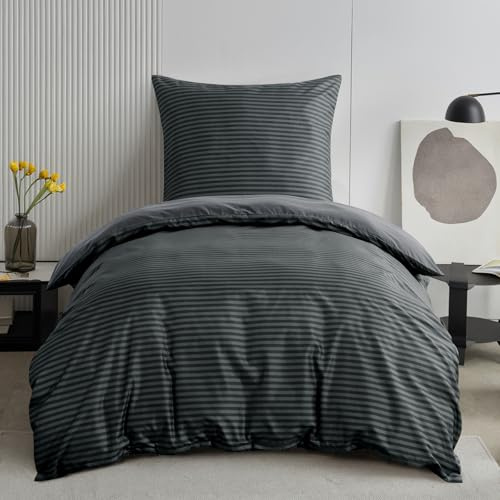 Aisbo Bettwäsche 155x220 Bettdeckenbezug - Bettwäsche Set 155 x 220 Gestreift Anthrazit Muster mit Kissenbezug 80x80 cm, Mikrofaser Bettbezug mit Reißverschluss, Bügelfrei und Weich