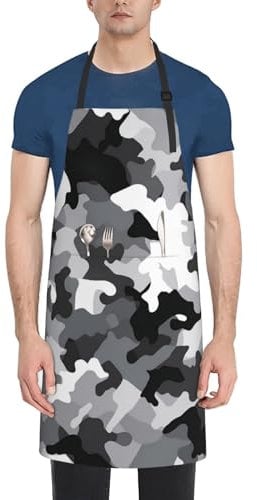Schwarze graue weiße Schürze mit Camouflage-Druck, wasserdichte Latzschürze mit Tasche, Erwachsene, lange Grillschürze, verstellbare Küchenschürze für Küche, Garten, für Koch, Herren und Damen,
