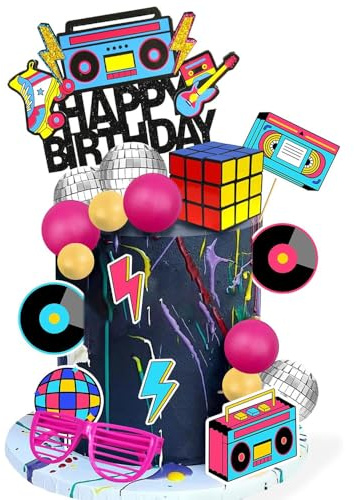 Shamoparty 80s-90s Hip Hop Disco Decoraciones para Tarta, 20 Piezas, Topper de Tarta, Cumpleaños, Rosa, Plata, Amarillo