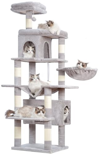 Heybly Árbol para Gatos Alto, 178 cm Altura, Columna Rascador para Gatos Domésticos, Árbol Multi - Niveles: 8 Columnas Rascador, 2 Huecos, 2 Plataformas, Hamaca y Cesto,Gris humeado HCT036W