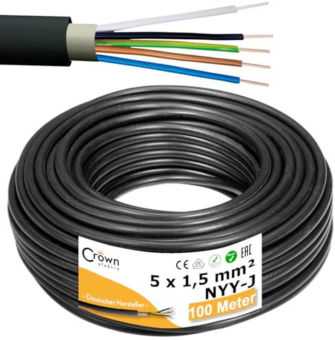NYY-J 5x1,5mm² 100m Erdkabel Länge am Stück | Elektrokabel Ring für Verlegung im Erdreich & Außenbereich | Kupfer Eindrähtig DIN VDE 0276 Teil 603/627 | Deutsche Markenhersteller