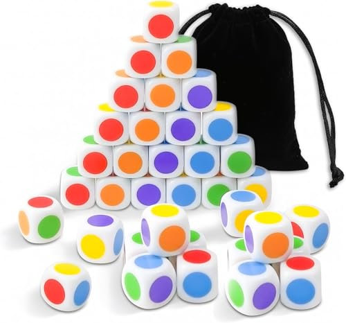 QUTHZZHY 50 PCS Farbwürfel mit Punkten, Bunte Würfel Set, Farbpunkte Farbwürfel 6 Farben, 16 MM Würfel mit Punkten, für Klassenzimmerspiele, zum Unterrichten von Primär- und Sekundärfarben