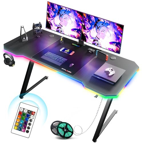 GTPLAYER Gaming Tisch, Gaming Schreibtisch 120 x 60cm, PC Tisch Gamer Tisch mit LED, Stabiler Computertisch mit Kopfhörerhaken