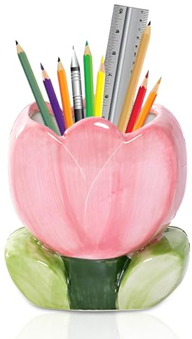 CHENKEE Pot a Crayon Céramique,Pot à Crayon Multifonctionnelle,Porte Stylo Bureau,Porte Stylo Tulipe pour École,Chambre,Bureau,Maison (Rose)