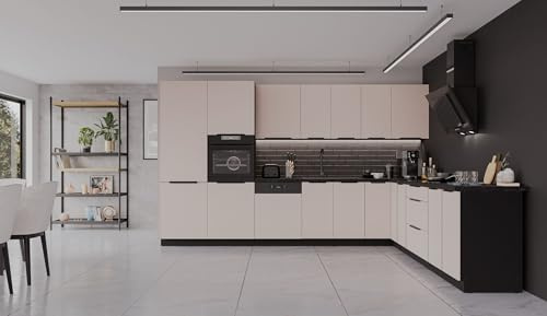 Kuechen-preisbombe Winkelküche Arona 350x290 cm Küchenzeile Eckküche Küche Kaschmir beige + Schwarz