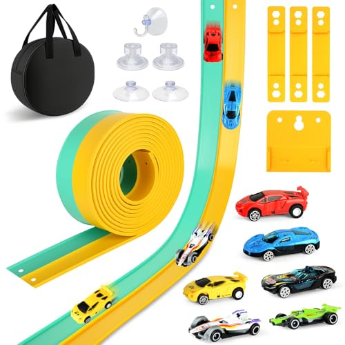 Flexible Rennbahn Kinder, 5 M Rennstrecke Auto Autobahn mit 6 Autos Saugnäpfen Dual Rennbahn Rampe Aufbewahrungstasche, DIY AutoRennbahn Rennstrecke Geschenk für Jungen und Mädchen