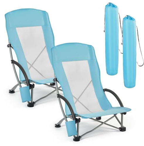 VEVOR Folding Beach Chair, High Back Camping Chairs for Adults, with Cup Pocket, Mesh Back, Carry Bag, Portable Extra Wide Seat Chair 330 lbs Heavy Duty Support, for Outdoor, Camp, Light Blue, 2 Pack