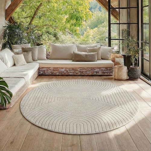 HomebyHome Kurzflor Teppich Rund 200 cm Creme, 3D Hoch Tief Effekt, Skandinavischer Boho Teppich für Wohnzimmer Esszimmer, Balkon Terrasse Outdoor geeignet
