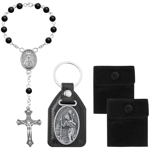Cossaot Kreuz Halskette, Rosenkranz Auto, Autorosenkranz Katholisch Anhänger für Spiegel, Samt Geschenkbeutel, Christophorus Schlüsselanhänger Tasche, für Rückblende, Innenspiegel