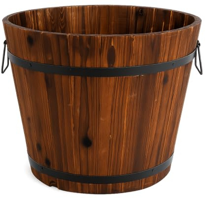 FAHD TRADERS Rustic Burnt Wood Garden Planter | Large Round Wooden Barrel Flower Pot with Metal Handles | Solid Fir Wood Outdoor & Indoor Plant Container for Patio, Balcony & Garden | 38 x 30 x 28.5cm
