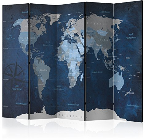 RAUMTEILER/PARAVENT B&D XXL - Paravent Raumteiler Innen Weltkarte 225x172 cm 5-teilig Einseitig Raumtrenner Trennwand Holz Room Divider Spanische Wand Raum Abtrennung dunkelblau grau beige