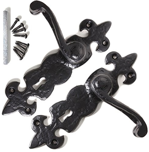 Black Antique Iron Lever Handle Set - Fleur De LYS Front/Back Door Key Hole