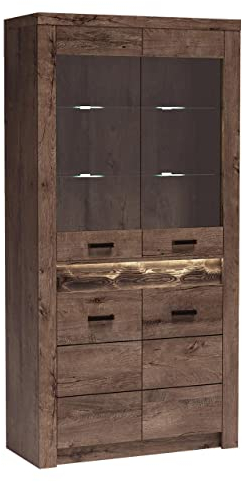 Vitrine Indiano I-03, Glasvitrine, Standvitrine, Vitrinenschrank, Hochschrank, Modernes Wohnzimmer Set (Esche Dunkel, mit warmweißer LED-Beleuchtung)