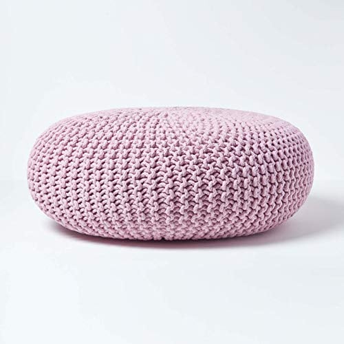 Homescapes Pouf Strickpouf rundes Bodenkissen, Sitzpouf 70 x 23 cm, gepolsterter Sitzhocker, Sitzpuff/Puff mit grob gestricktem Bezug aus 100% Baumwolle, Strickpuff, rosa/Hellrosa