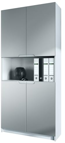 Vladon Büroschrank Logan V2, Made in Germany, Aktenschrank mit 5 Fächern und 4 Türen, Weiß matt/Hellgrau seidenmatt (82 x 184 x 37 cm)