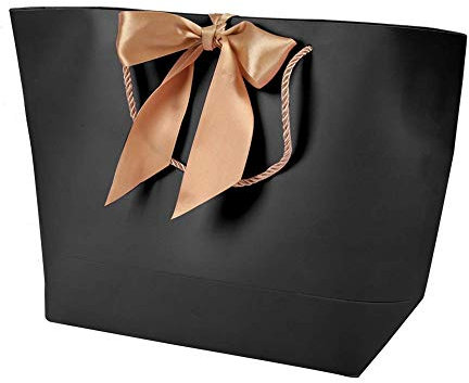 Oumij 10 Stück Papier Geschenkbeutel mit Goldgriff und Bogen Band (37 * 11 * 25 cm), Modern Elegant DIY Hochzeitstasche, Schwarz + Gold Design, Recycelbares Material, 5 Größen, Kundendienst