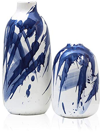 TERESA'S COLLECTIONS Moderne Keramikvase für Heimdekoration, orientalische blaue und weiße Vasen, 2er-Set, glasierte dekorative Vase für Kaminsims, Tisch, Wohnzimmerdekoration, 18 cm und 29 cm