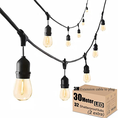 Meidaoduo Outdoor String Lights LED Mains, 30 Meters Festoon Garden String Lights 30 E27 Waterproof Sockets, 32pcs LED Shatterproof Patio Garden Party Wedding Backyard
