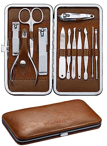 FAMILIFE Manicure Pedicure Kit Professional Nail Clippers Set Men and Women 12 Pieces Grooming Kit with Luxurious Leather Travel Case (D-Brown)