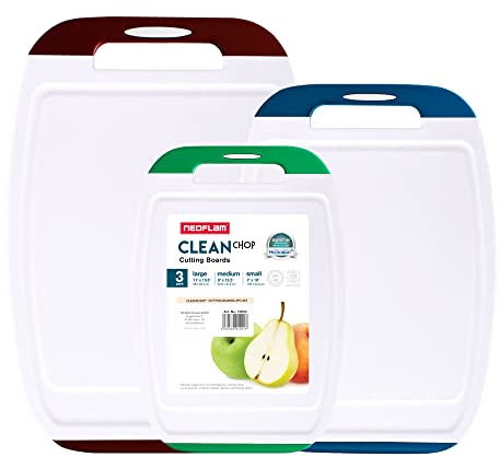 NEOFLAM® – Antibakterielles Schneidebrett Kunststoff rutschfest - 3er Set Schneidbretter Microban® Spülmaschinenfest - mehrfarbige Brettchen mit Saftrille und Griff