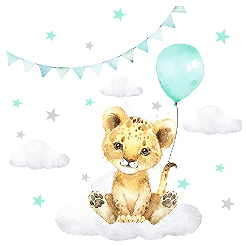 Little Deco Wandtattoo Kinderzimmer Mädchen Junge Deko Wandsticker Baby Elefant mit Luftballon Mint Sterne Wolken Safari Boho Wandbild selbstklebend DL539-58