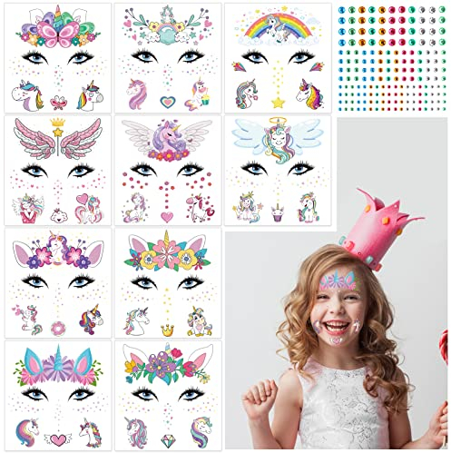 TAROME 11 Blätter Einhorn Temporäre Tattoo Unicorn Mädchen Gesicht Tattoos mit Bunt Strasssteine Aufkleber Kinder Regenbogen Unicorn Cosplay für Einhornparty Fasching Kindergeburtstag
