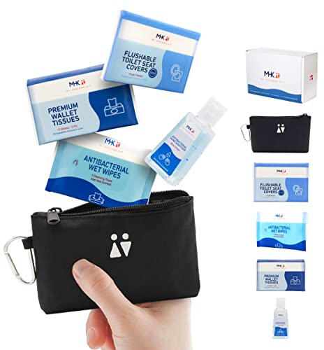 Mygo Mini Hygiene Kit Multipurpose - Disposable Toilet Seat Covers, Antibacterial Wet Wipes, Hand Sanitiser Gel, Pocket Tissues | On The go Multi-Use | Travel Essentials Accessories Gift