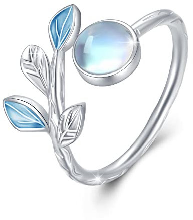 Mondstein Ring 925 Sterling Silber Mondstein Offener Ringe Damen Blatt Ring Leaf Ring Regenbogen Mondstein Schmuck Muttertags Geschenk Weihnachts für Frauen Mädchen Finger