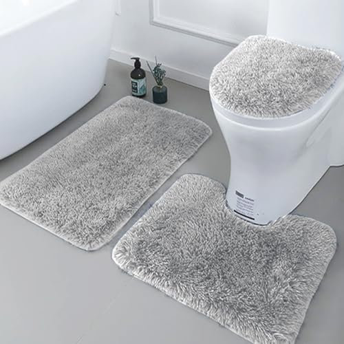 SCVBLJS Soft Microfiber Bathroom Rugs Sets 3 Piece, Non-Slip Bathroom Rugs with PVC Point Flannel Backing, Bath Mat + Pedestal Mat + Toilet Seat Cover, solid grey