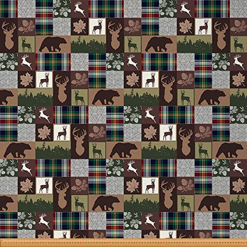 Rustikaler Bauernhaus Dekorationsstoff Weihnachts Elch Lodge Stoff Meterware Patchwork Grizzlybären Stoff Büffel Plaid Karo Vintage Holz Jagdtier Polsterstoff 92 x 150 (HxB)
