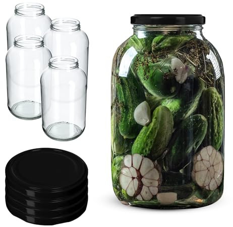 KADAX 4st Einmachgläser 4L mit fi100 mm für Gurken, Kombucha, Kimchi | Konservengläse weite Öffnung zum Einlegen, Fermentieren, Einmachglas zum Einlegen, Einkochgläser, Gurkenglas (Schwarz/4 St.)