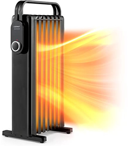 COSTWAY Oil Filled Radiator, 3 Heat Settings Portable Electric Heater with Overheat Protection & Foldable Hanging Rack, 7 Fins Low Noise Space Heater for Home Office (Black, 38x26x70cm)