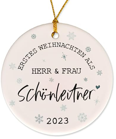 FEENSTAUB Weihnachtsschmuck personalisiert, Mr. & Mrs. Herr & Frau, Keramik-Anhänger mit Namen, besonderer Weihnachtsschmuck, Hochzeitsgeschenk, Weihnachtskugel Christbaumkugel mit Familienname