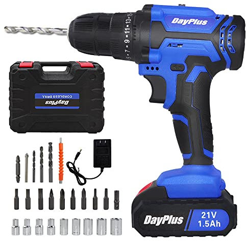 Akkuschrauber 45N.m, 3/8'' Schnellspannbohrfutter Akku-Bohrschrauber-Set mit 2x Li-Ionen-Akku, Schnellladegerät und 26 Teiligem Bohr-/Schraubersatz für Haus und Garten DIY Projekt