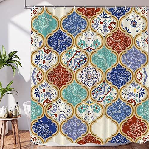 BaoNews Moroccan Trellis Decor Shower Curtain Set,Turquoise Patchwork Islam Arabic Indian Polyester Shower Curtain for Shower Stall Bathroom Waterproof with 12 Hooks 72x72 Inch