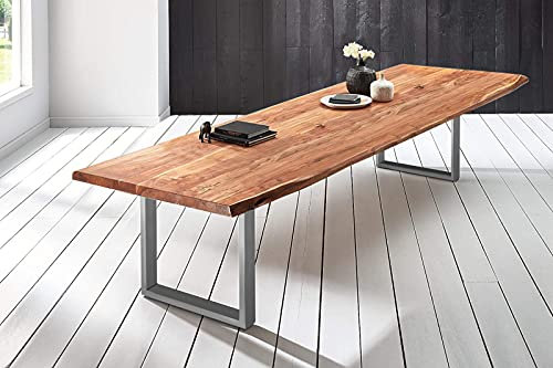 SAM XL-Esstisch 300x120 cm Bob, Akazienholz naturfarben & massiv, Baumkantentisch mit U-Gestell aus Metall Silber, echte Baumkante, Platte 50mm